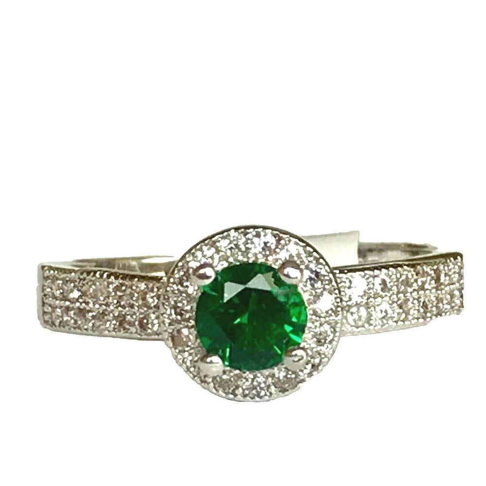 Silver Vintage Emerald Halo Cocktail Ring Size 8 Rhodium Plated Simulated
